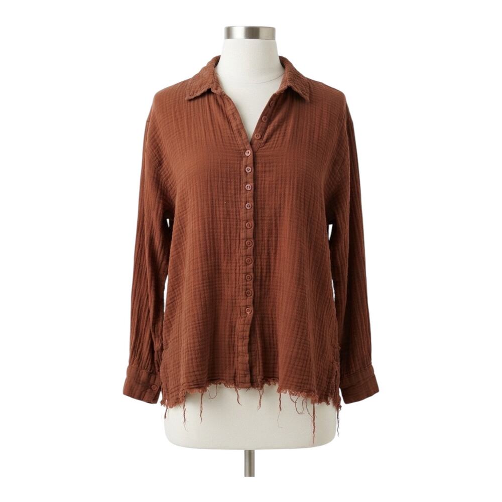 Urban Outfitters Brown Cotton Gauze Button Down Shirt Top Small Distressed Hem